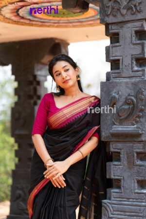 Ayali - Black Plain Chettinad Cotton Saree