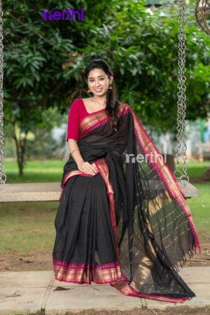 Ayali - Black Plain Chettinad Cotton Saree