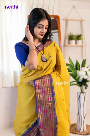 Nandini - Lime Yellow Chettinad Cotton Saree